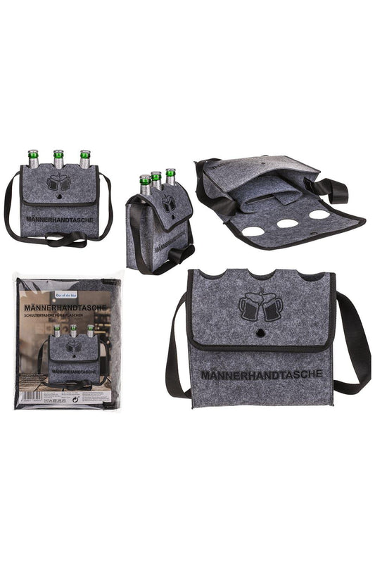 Humorvolle Maennerhandtasche fuer drei Flaschen Bier. Biertasche