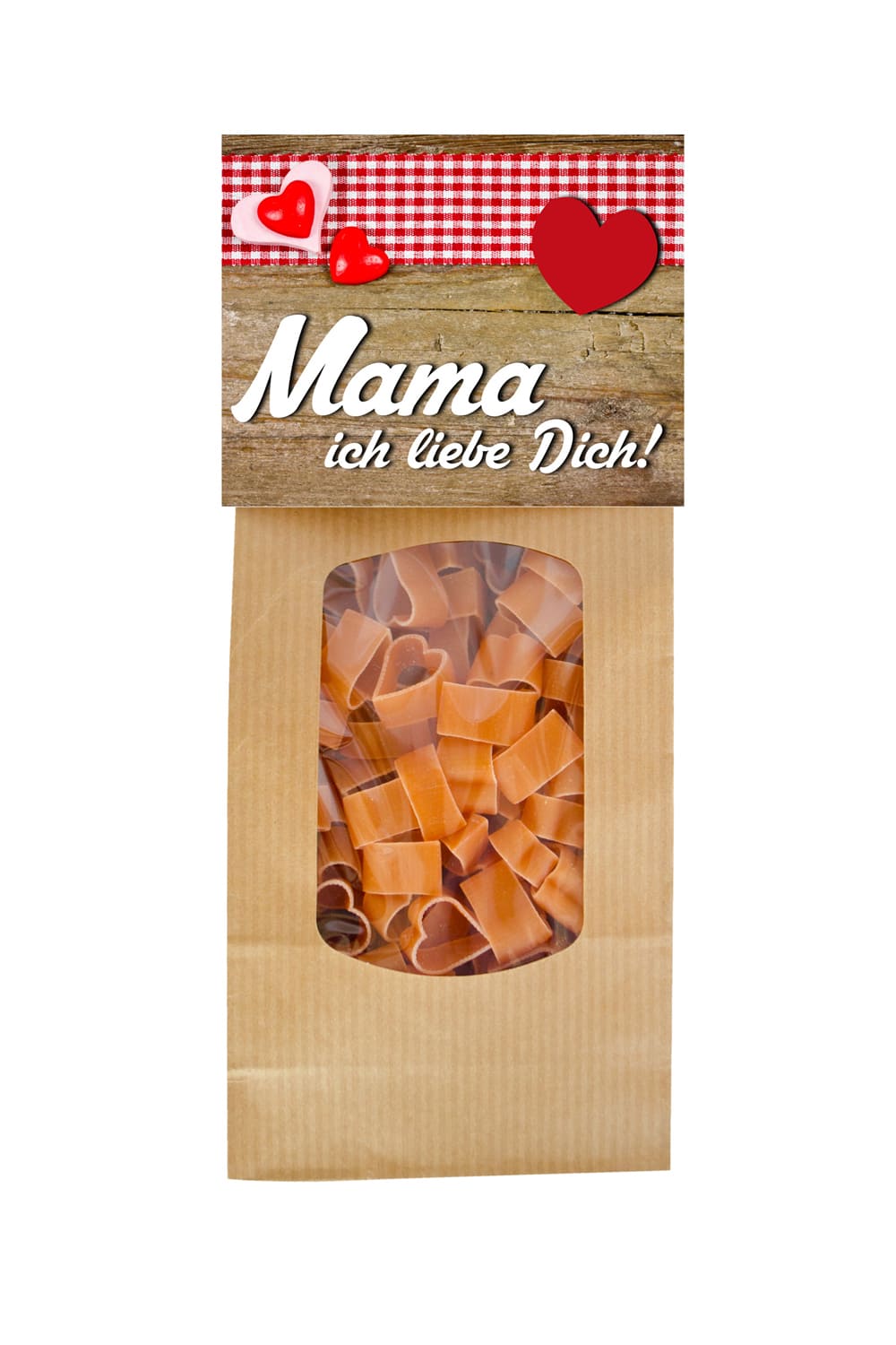 Die Mama Pasta sind in Herzform. Mit leckerem Rezept fuer eine Sauce. Das optimale Geschenk fuer die Mama. Jetzt Bei Geschenk Insel.