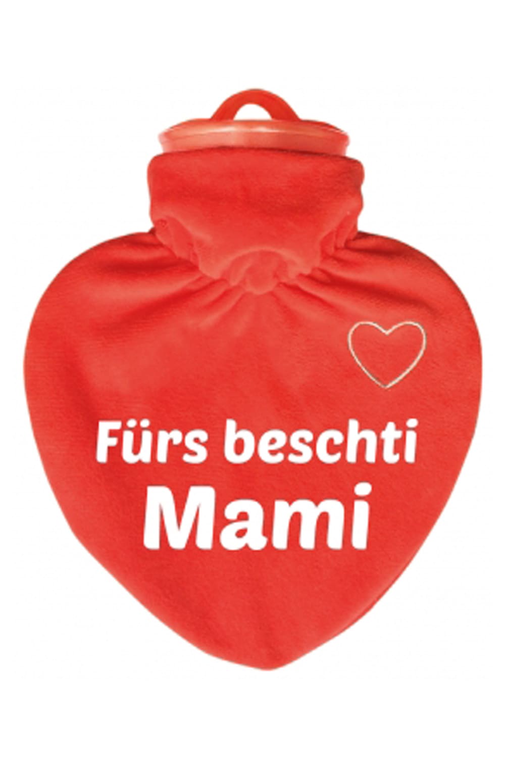 Die Herz Bettflasche ist ein hochwertiges Qualitaetsprodukt. Mit Veloursueberzug und dem mundart Spruch: Fuers beschti Mami. Wohltuendes Geschenk fuer die Mama!