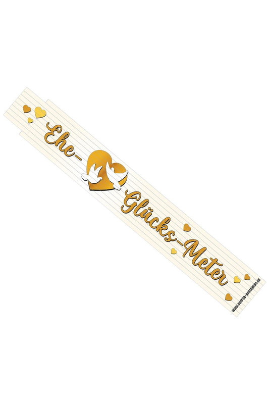 Glueck Meter mit dem Spruch: Ehe Gluecks-Meter. Der lustige und einzigartige Meter ist das perfekte Geschenk. Der lustige Doppelmeter ist ideal zur Ehe. Dieser einzigartige Glueck Meter ist ein kreatives und praktisches Geschenk zur Hochzeit. Das Metermass ist biegsam und bis zu 2 Meter ausziehbar.