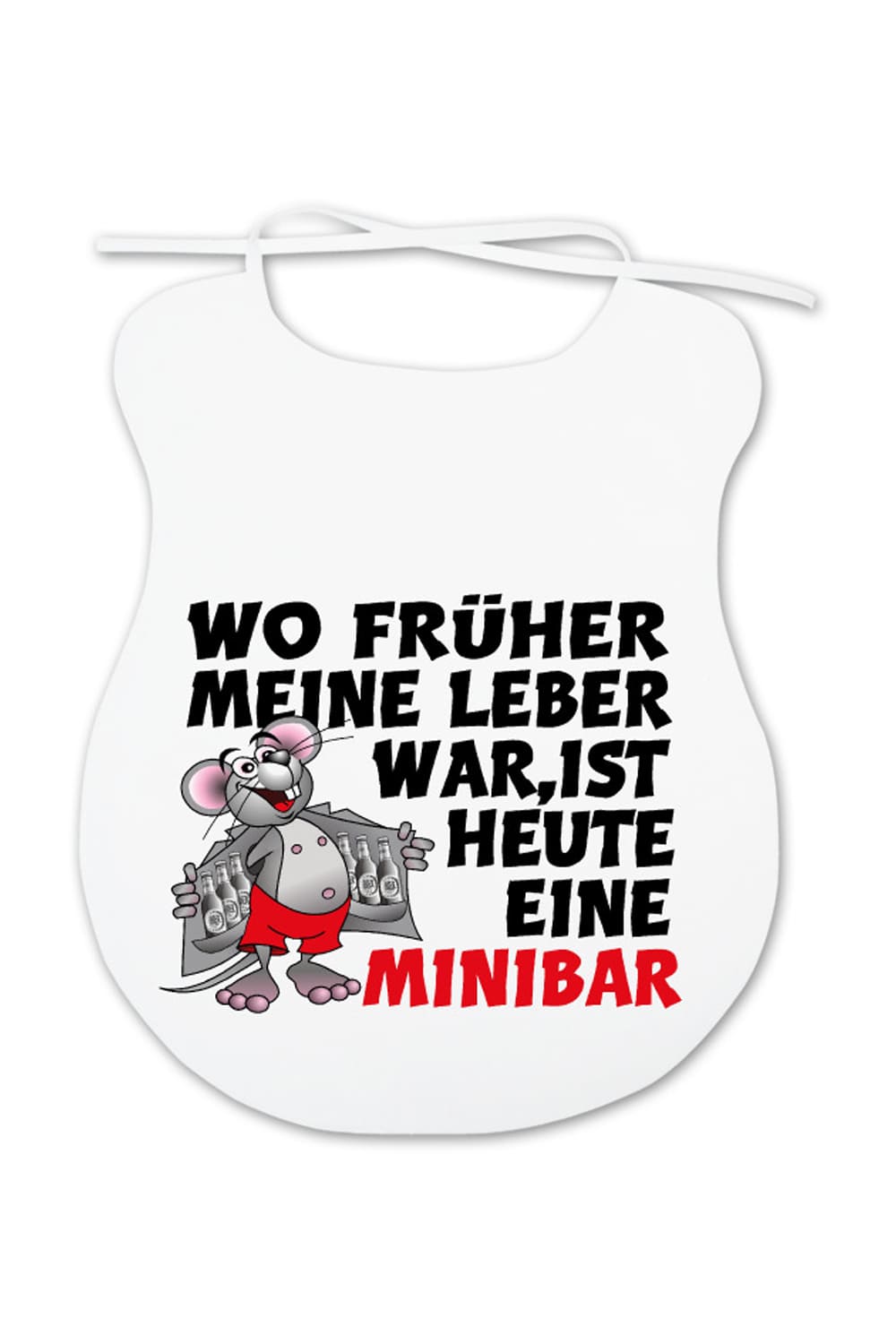 Dieser Esslatz ist ein lustiges Geschenk fuer Erwachsene, die mehr oder weniger beim Essen kleckern. Auf dem Spaghetti-Latz ist ein witziges Bild aufgedruckt mit einer Maus und der Spruch: Wo frueher meine Leber war, ist heute eine Minibar. Dieser Minibar Erwachsenenlatz ist ein witziges Spruchgeschenk.