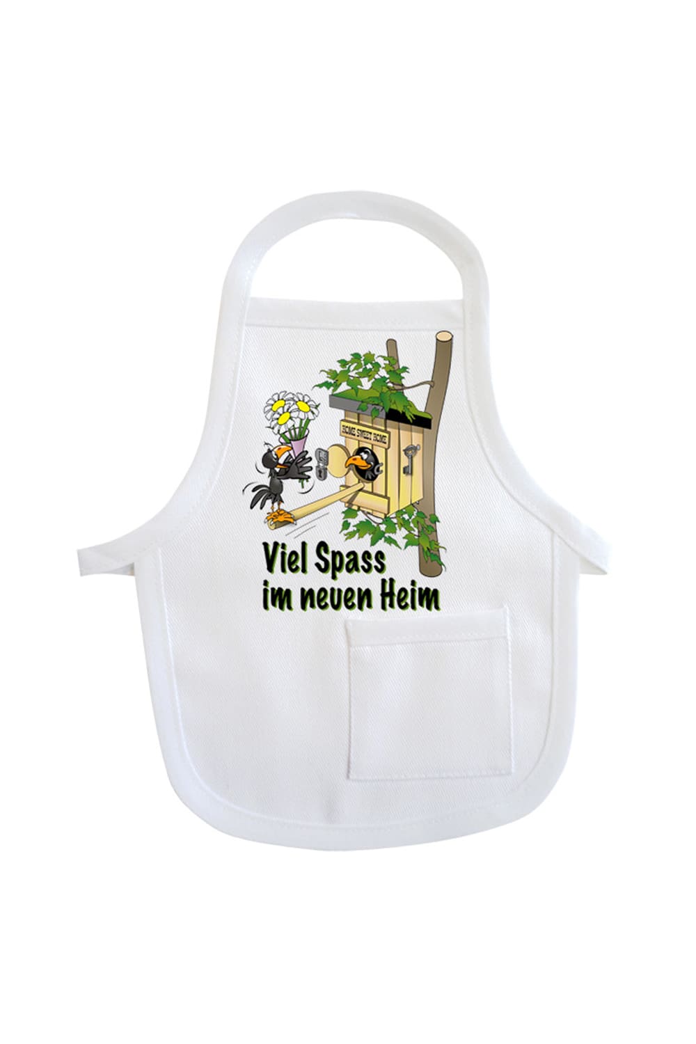 Einfach die Mini Schuerze um eine Weinflasche oder um ein Geschenk haengen und fertig ist die originelle Geschenkverpackung. Die Flaschenschuerze mit der Aufschrift: Viel Spass im neuen Heim. Zusaetzlich ist auf der kleinen Schuerze ein lustiges Vogel Bild mit Vogelhaus aufgedruckt