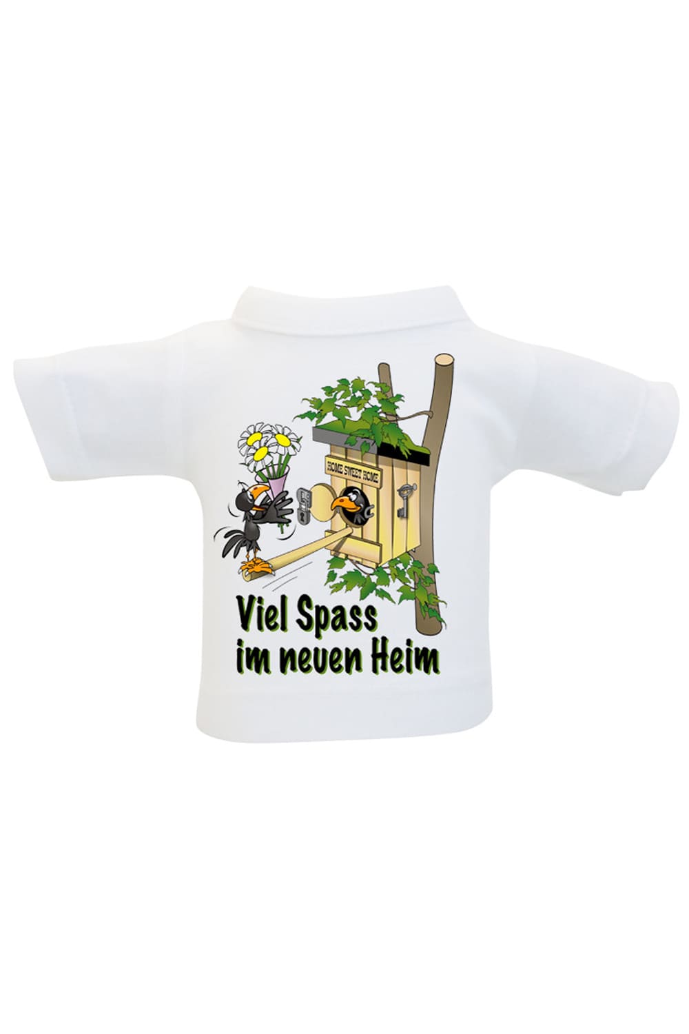 Das Mini T-Shirt mit der Aufschrift: Viel Spass im neuen Heim. Zusaetzlich ist auf dem kleinen Flaschenshirt ein lustiges Vogel Bild mit Vogelhaus aufgedruckt. Eine kreative Geschenkverpackung fuer alle Menschen die demnaechst bald ein neues Heim haben und in ein neues Zuhause umziehen.