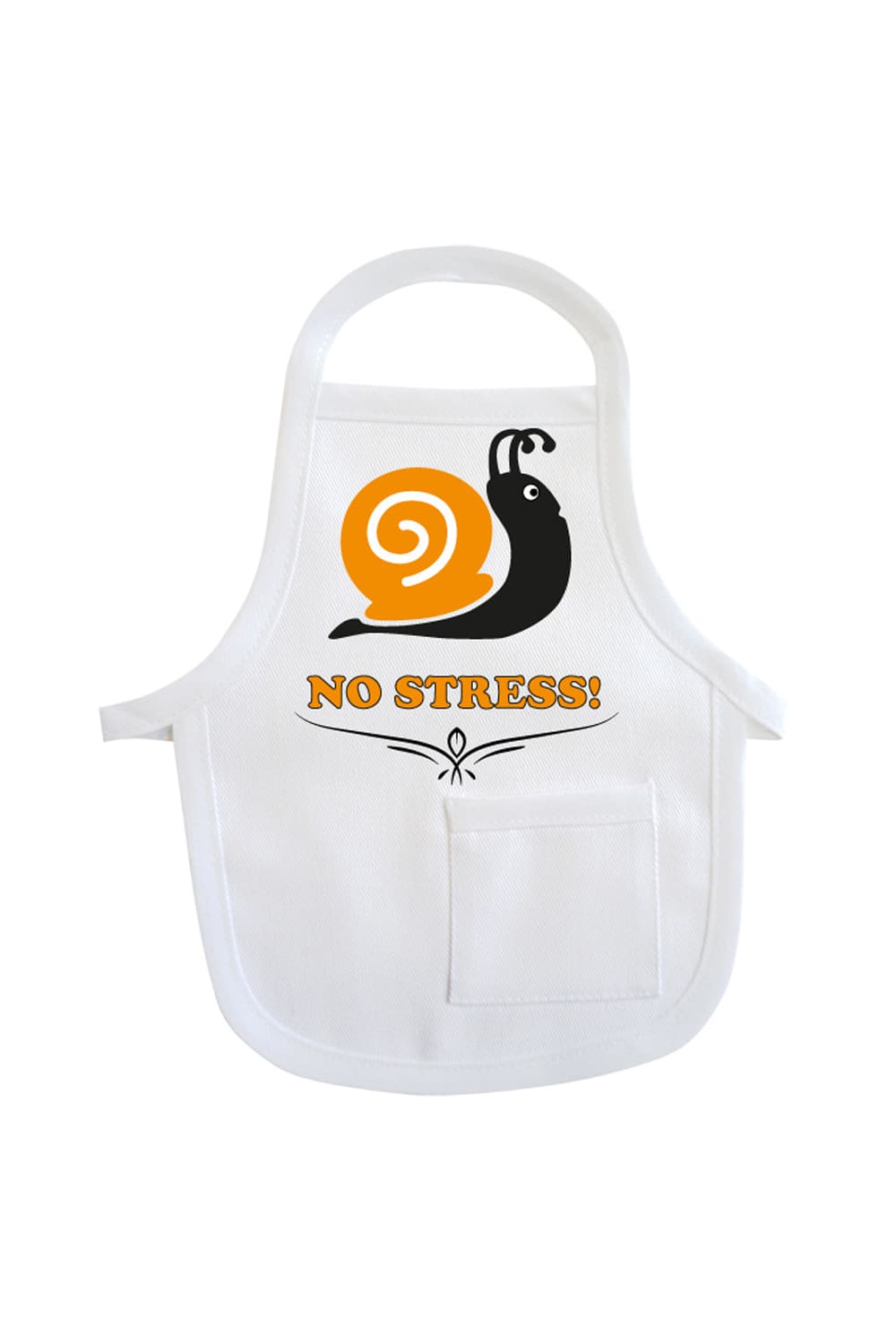 Einfach die Mini Schuerze um eine Flasche oder um ein Geschenk haengen und fertig ist die originelle Geschenkverpackung. Die Flaschenschuerze mit der Aufschrift: No Stress. Zusaetzlich ist auf der kleinen Schuerze eine Schnecke abgebildet.