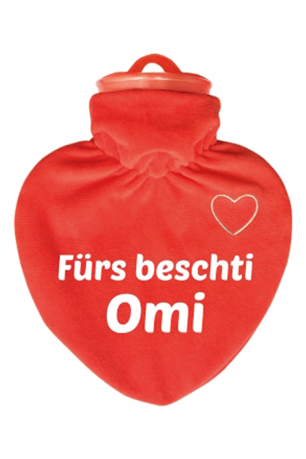 Omi Herz Bettflasche. Geschenk fuer die liebe Omi. Waermeflasche mit Velours
