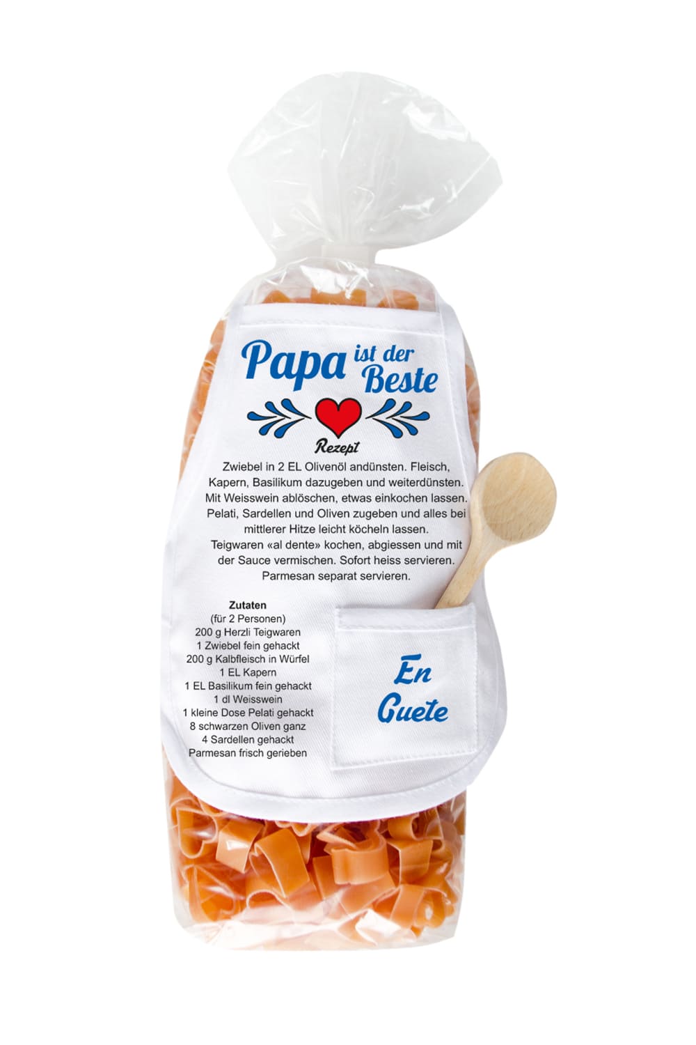 Die Papa Pasta sind in Herz Form und in einer Verpackung mit Mini Kochschuerze. Mit dem Spruch: Papa ist der Beste. Ein tolles Geschenk fuer den lieben Vater.