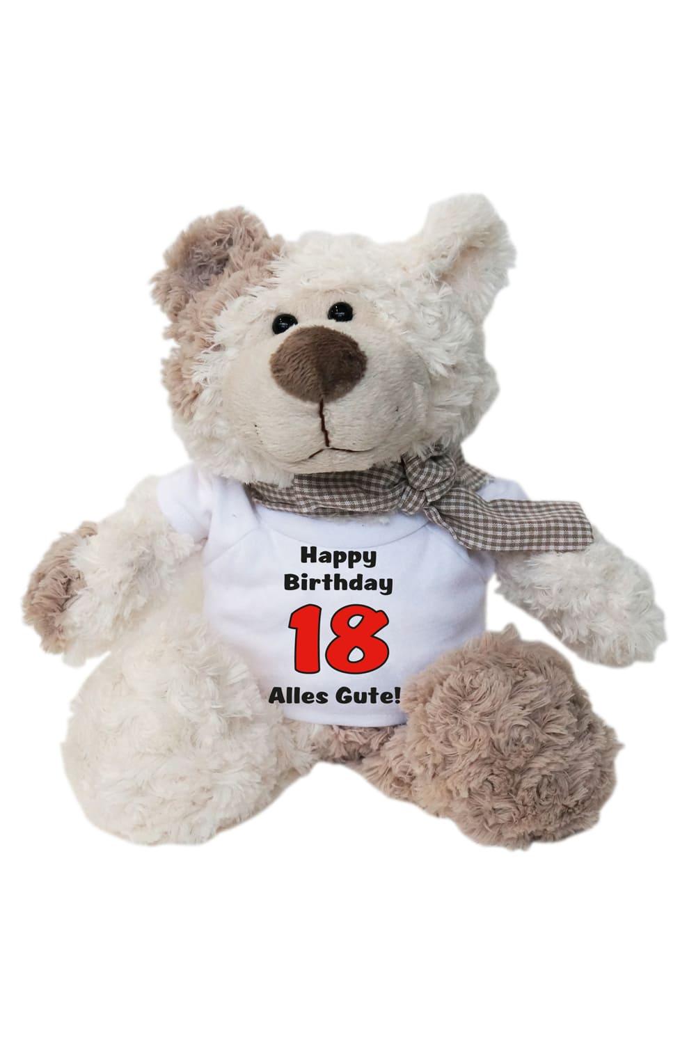 Der kuschelige und weiche Plueschbaer ist ein ideales Geburtstagsgeschenk. Der Teddybaer traegt ein weisses Mini T-Shirt mit dem Spruch: Happy Birthday. Alles Gute! Auf dem Shirt ist ausserdem eine Geburtstagszahl (auswaehlbar) abgebildet. Der Knuddelbaer misst stehend 29 cm.