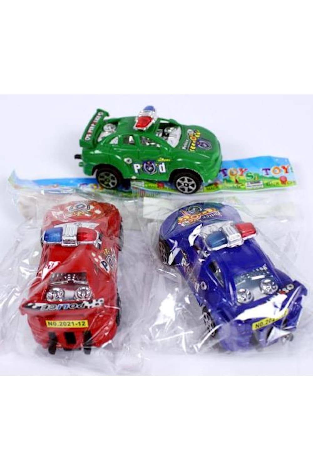 Polizeiauto zum Aufziehen in den Farben gruen, blau und rot