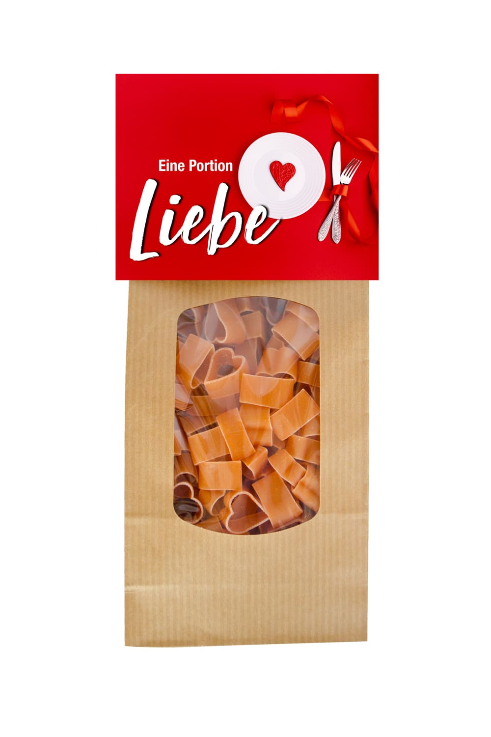 Die Pasta sind in Herzform und in einem schoenen Geschenks Beutel verpackt. Auf der Verpackung steht der Spruch: Eine Portion Liebe. Auf der Rueckseite der Naturverpackung steht ein leckeres Rezept. Hergestellt werden die Herz Teigwaren in der Schweiz. Ein ideales Geschenk für Verliebte.