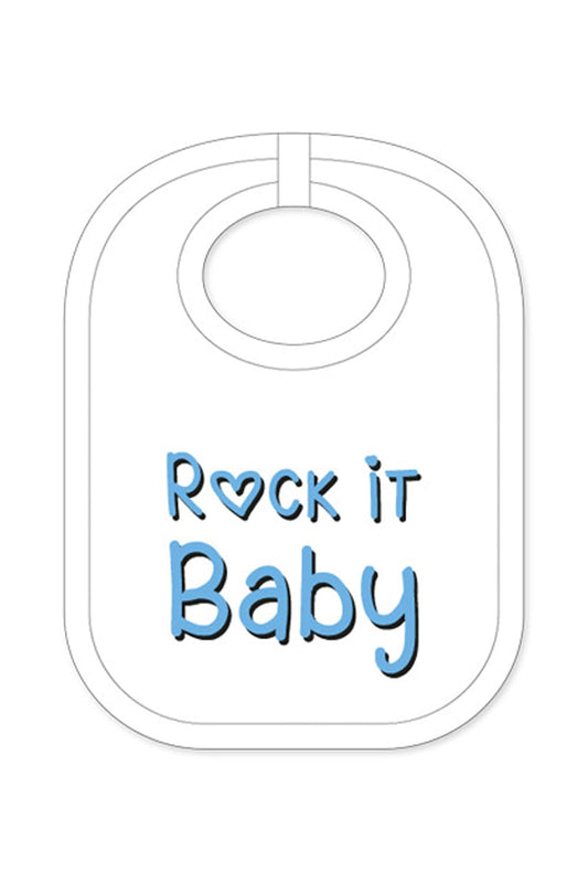 Der Babylatz mit dem Spruch: Rock it Baby! Der Spruchlatz ist ein witziges Geschenk fuer ein Baby, fuer Neugeborene und fuer Kleinkinder. Jetzt bei Geschenk Insel. In der Schriftfarbe blau.