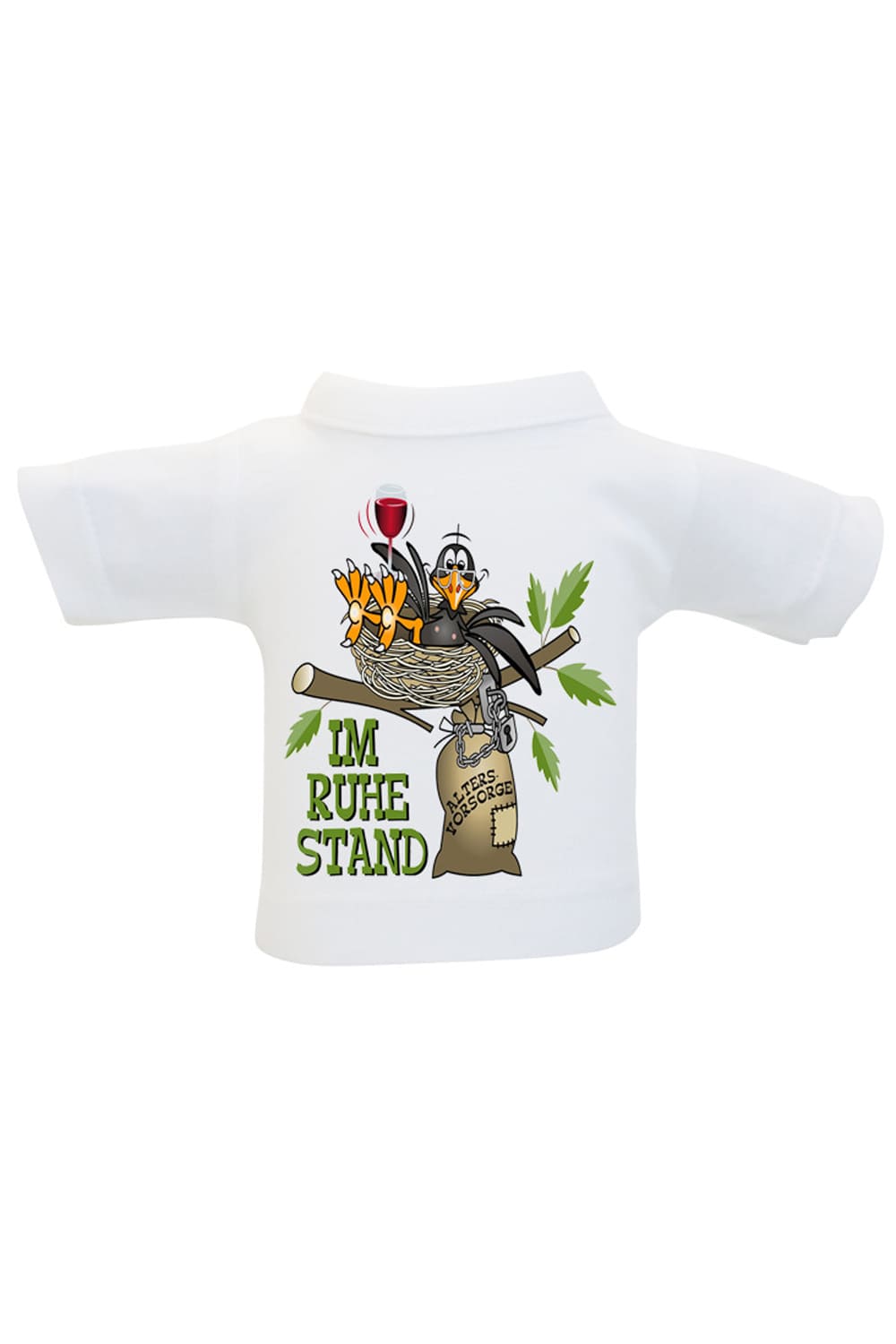 Das Ruhestand Mini T-Shirt ist ein lustiges Accessoire fuer Geschenke und Flaschen. Einfach das Flaschenshirt einer Weinflasche anziehen und fertig ist die originelle Geschenkverpackung. Das Mini T-Shirt mit der Aufschrift: Im Ruhestand. Eine kreative Geschenkverpackung zur Pensionierung.