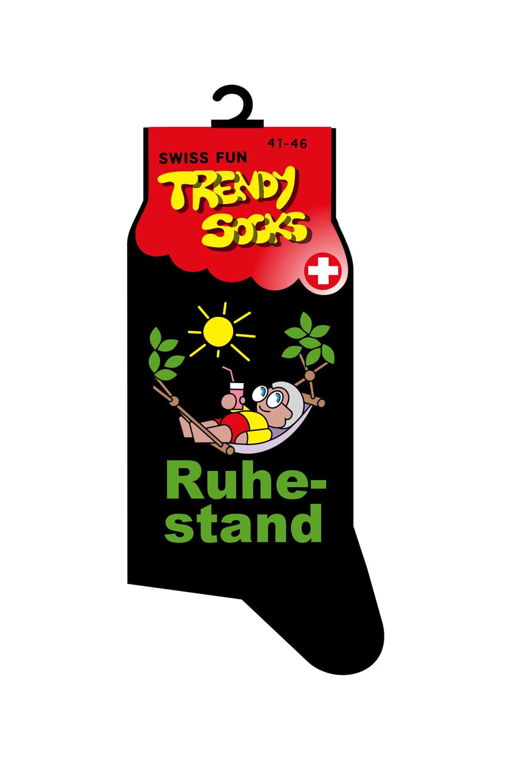 Spasssocken mit der Aufschrift: Ruhestand Socken. Zusaetzlich ist auf den Socken ein Rentner, liegend in der Sonne, abgebildet. Die Spasssocken für Pensionierte. Einfach ein optimales Geschenk fuer einen Rentner oder eine Rentnerin.