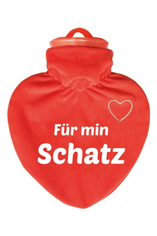 Die Herz Bettflasche ist ein hochwertiges Qualitaetsprodukt. Mit einem Veloursueberzug in der Farbe rot. Die Waermeflasche mit dem mundart Spruch: Fuer min Schatz!
