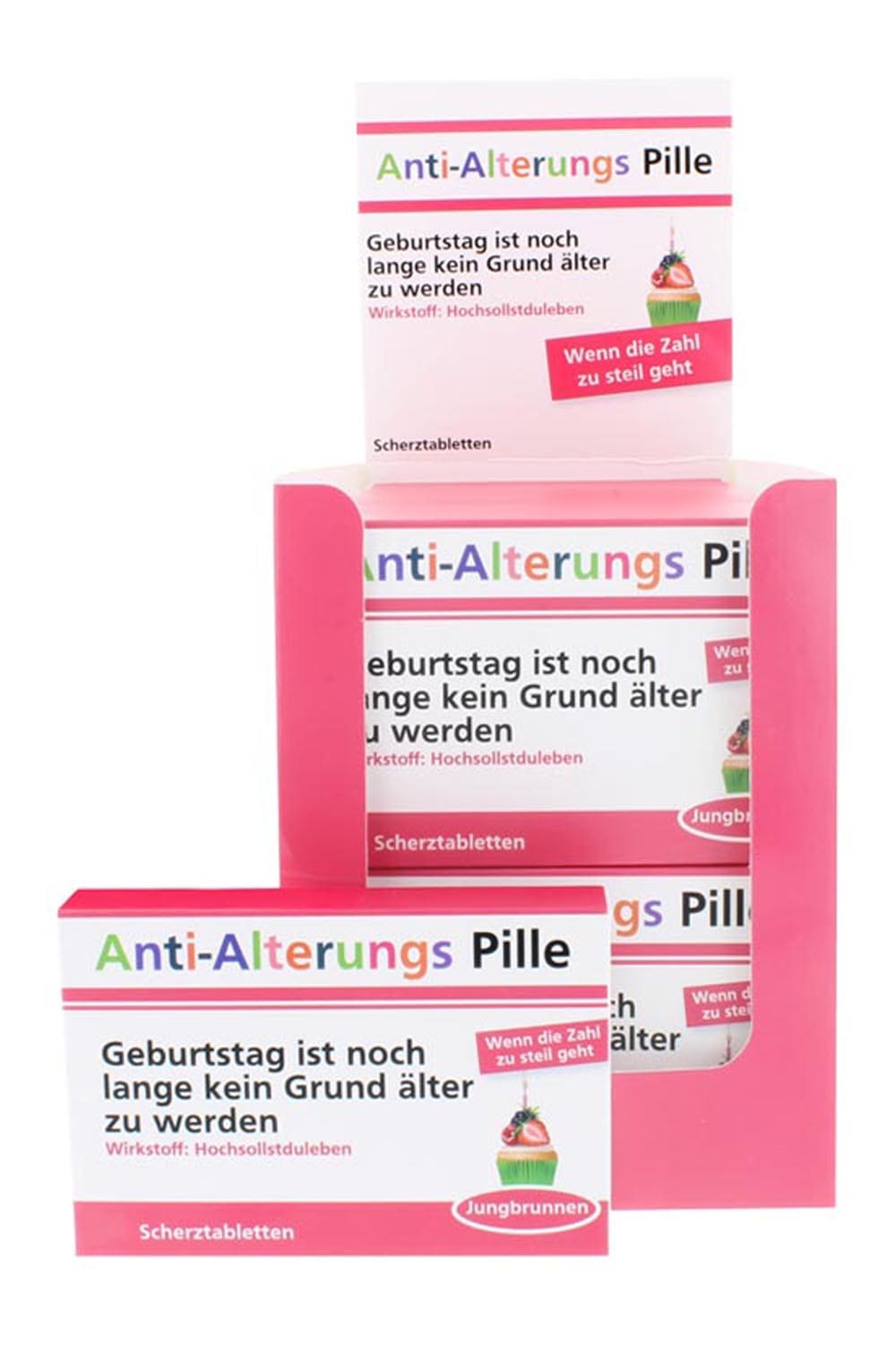 Die Scherztabletten sind der Renner. Die Schokopillen sind ein witziges Geschenk zum Geburtstag. Auf der Schachtel stehen folgende Sprueche: Anti-Alterungs-Pille. Geburtstag ist noch lange kein Grund aelter zu weren. Gut vertraeglich-schnell wirksam. Wirkstoff: Hochsollstduleben. Mit lustigem Beipackzettel! Humor Apotheke