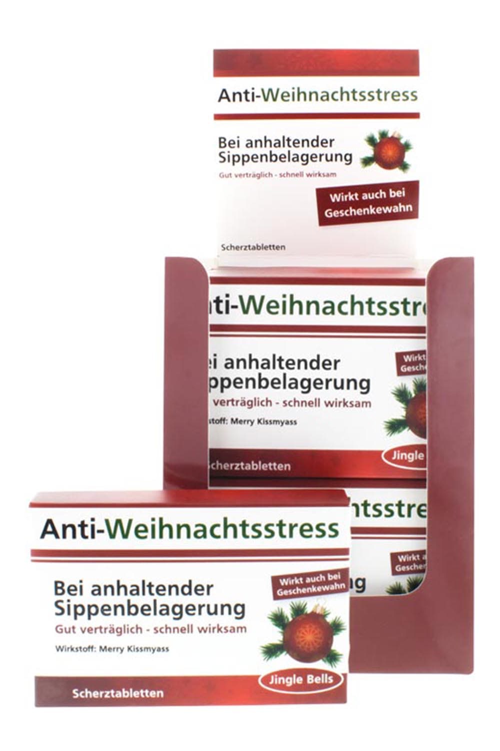 Die Scherztabletten mit Schokopillen sind in einer Verpackung, die aussieht wie eine Medizinschachtel. Mit den Spruechen: Anti-Weihnachtsstress. Bei anhaltender Sippenbelagerung. Gut vertraeglich-schnell wirksam. Wirkstoff: Merry Kissmyass. Wirkt auch bei Geschenkewahn. Jingle Bells. Humor Apotheke (kein Medizinprodukt!