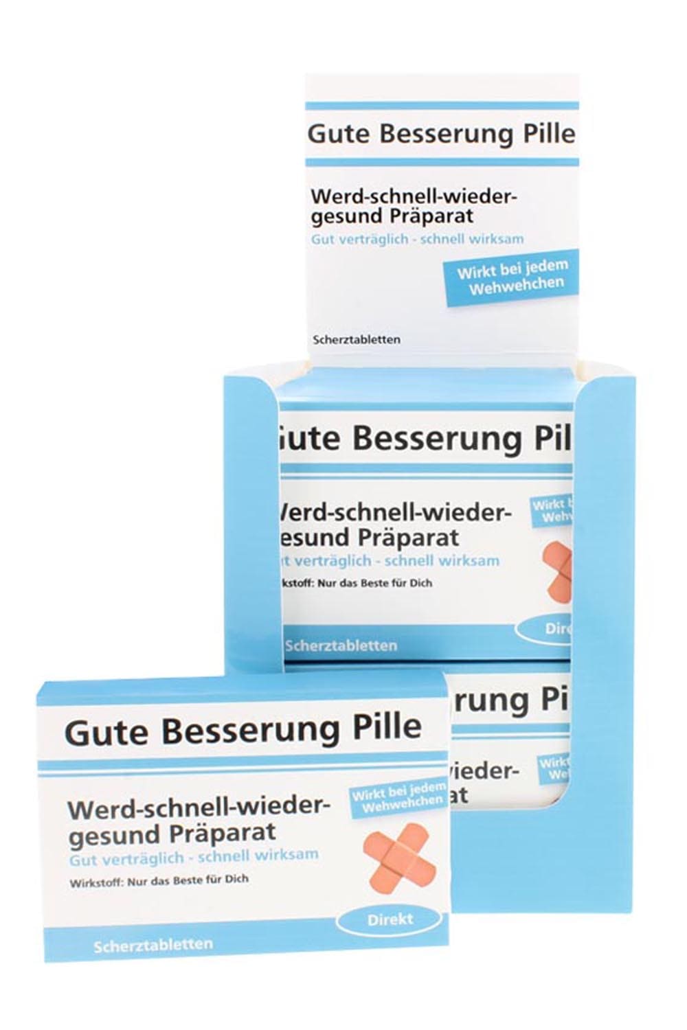 Die Scherztabletten sind der Renner. Auf der Schachtel stehen folgende Sprueche: Gute Besserung Pille. Werd-schnell-wieder-gsund Praeparat. Gut vertraeglich-schnell wirksam. Wirkstoff: Nur das Beste fuer Dich. Wirkt bei jedem Wehwehchen. Die Pillen aus Schokolade sind ein ideales Geschenk zur Genesung!!! Humor Apotheke