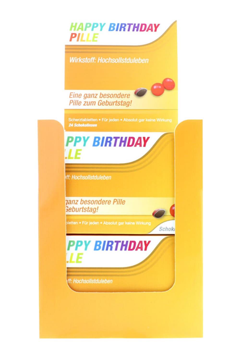 Die Scherztabletten sind der Renner. Die Schokopillen sind ein witziges Geschenk zum Geburtstag. Auf der Schachtel stehen folgende Sprueche: Happy Birthday Pille. Eine ganz besondere Pille zum Geburtstag! Wirkstoff: Hochsollstduleben. Mit lustigem Beipackzettel! Humor Apotheke!