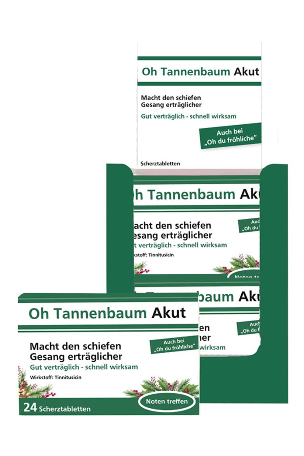 Die Scherztabletten mit Schokopillen sind in einer Verpackung, die aussieht wie eine Medizinschachtel. Mit den Spruechen: Oh Tannenbaum Akut. Macht den schiefen Gesang ertraeglicher. Gut vertraeglich-schnell wirksam. Wirkstoff: Tinnitusicin. Auch bei "oh du froehliche". Noten treffen. Humor Apotheke (kein Medizinprodukt!