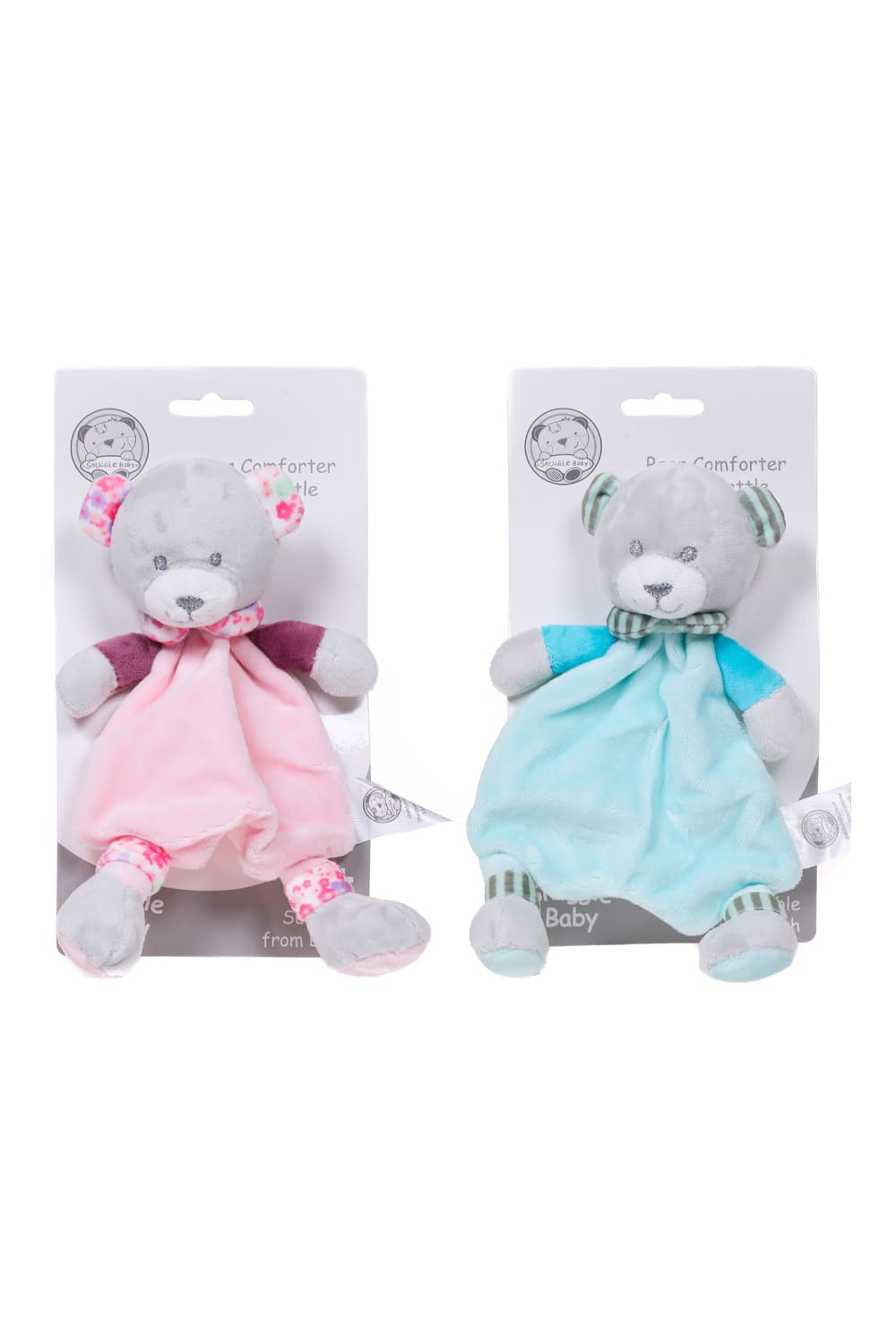 Schmusetuch Teddy mit Rassel in den Farben rosa und hellblau. Schoenes Babygeschenk zur Geburt. Teddyrassel. Babyrassel fuer Maedchen und Junge.