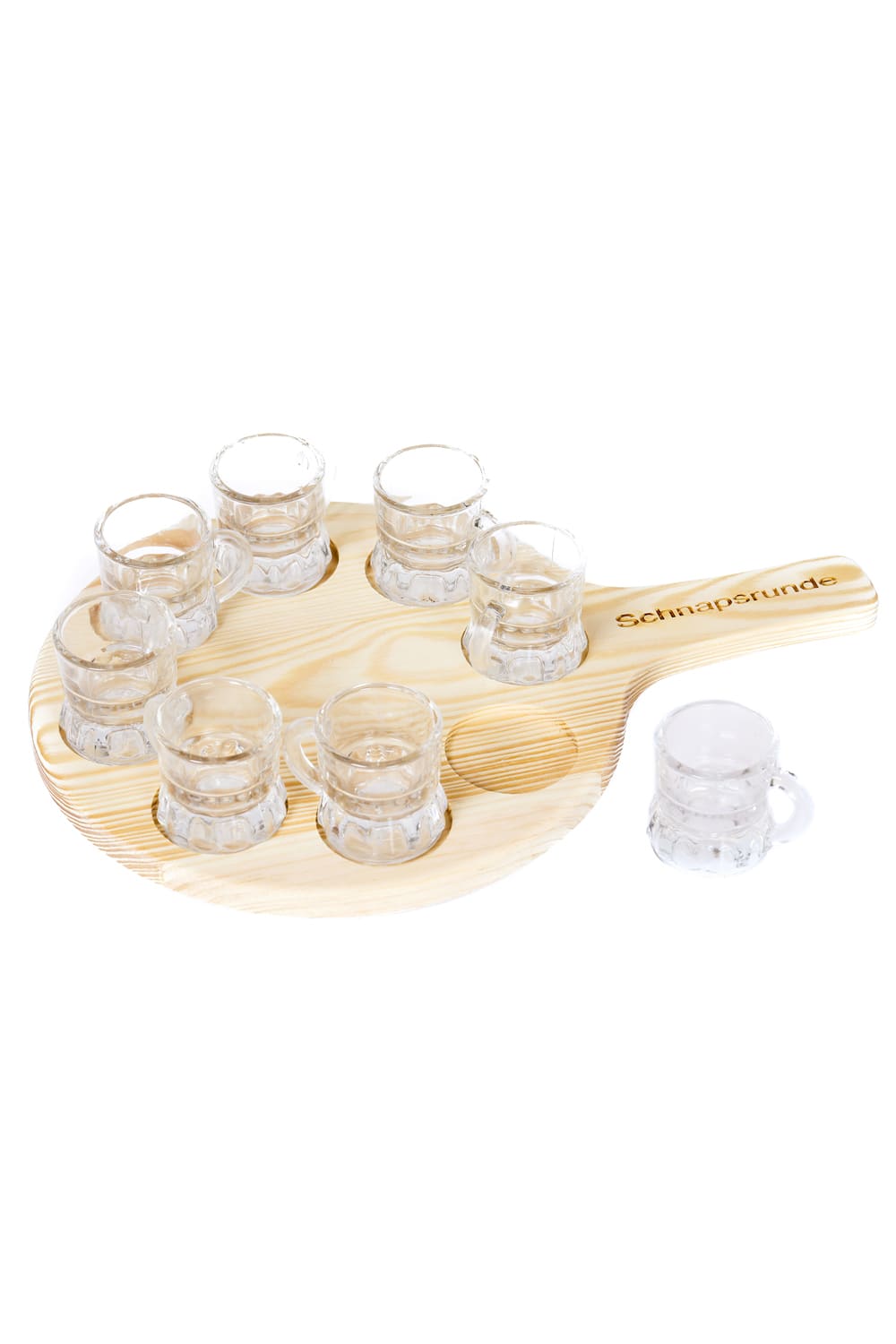 Diese Halterung mit der Aufschrift: Schnapsrunde, ist ein perfektes Geschenk fuer alle, die gerne Schnaps trinken. Die Halterung fuer die besondere Schnapsrunde ist aus Holz. Die 8 Schnaps Stamperl sind aus Glas. Dieses Geschenk kann optimal mit einer Flasche Schnaps verschenkt werden.