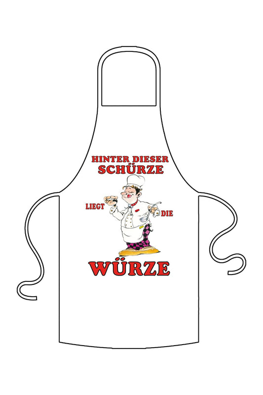 Eine trendige Fun Grillschuerze mit witziger Abbildung und dem Spruch: Hinter dieser Schuerze, liegt die Wuerze. Natuerlich kann diese Schuerze auch als Kochschuerze verwendet werden. Die lustige Schuerze ist aus Baumwolle und in der Textilfarbe weiss.
