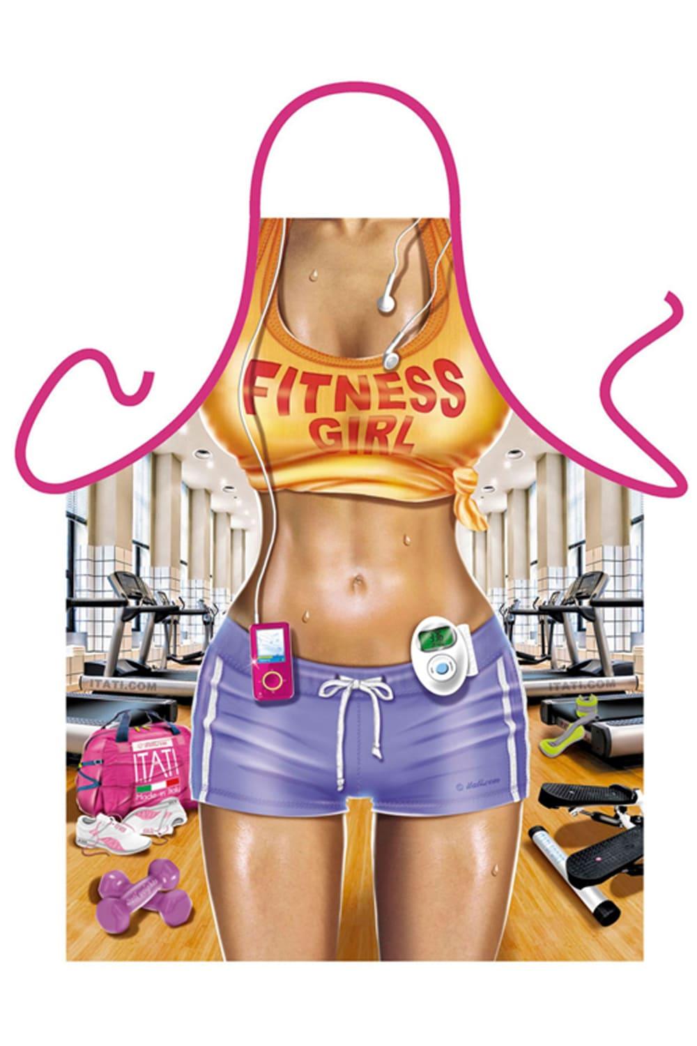 Fitness Girl mit sportlicher Figur. Diese Frau ist genauso fit und stark wie der Mann. Die lustige und sexy Fitness Girl Kochschuerze / Grillschuerze ist ein perfektes Geschenk fuer alle Frauen, die Spass und Humor lieben. Ein Geschenk zum Geburtstag, zum Polterabend oder einfach als witziger Gag fuer die Party.