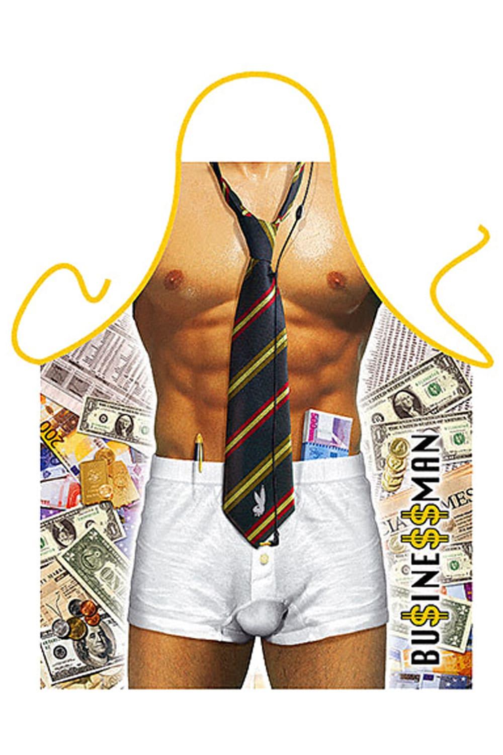 Kraeftiger Koerper und viel Geld. Dieser Manager und Geschaeftsmann hat alles richtig gemacht. Die lustige und sexy Businessman Kochschuerze / Grillschuerze ist ein perfektes Geschenk fuer alle Maenner, die Spass und Humor lieben. Die witzige Geschaeftsmann Schuerze ist aus Polyester und ist waschbar bei 50°C sowie farbfest.