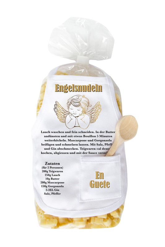 Die Schutzengel Pasta sind mit kleiner Kochschuerze und dem Spruch: Engelsnudeln. Die Engel Motivnudeln sind ein ideales Geschenk!