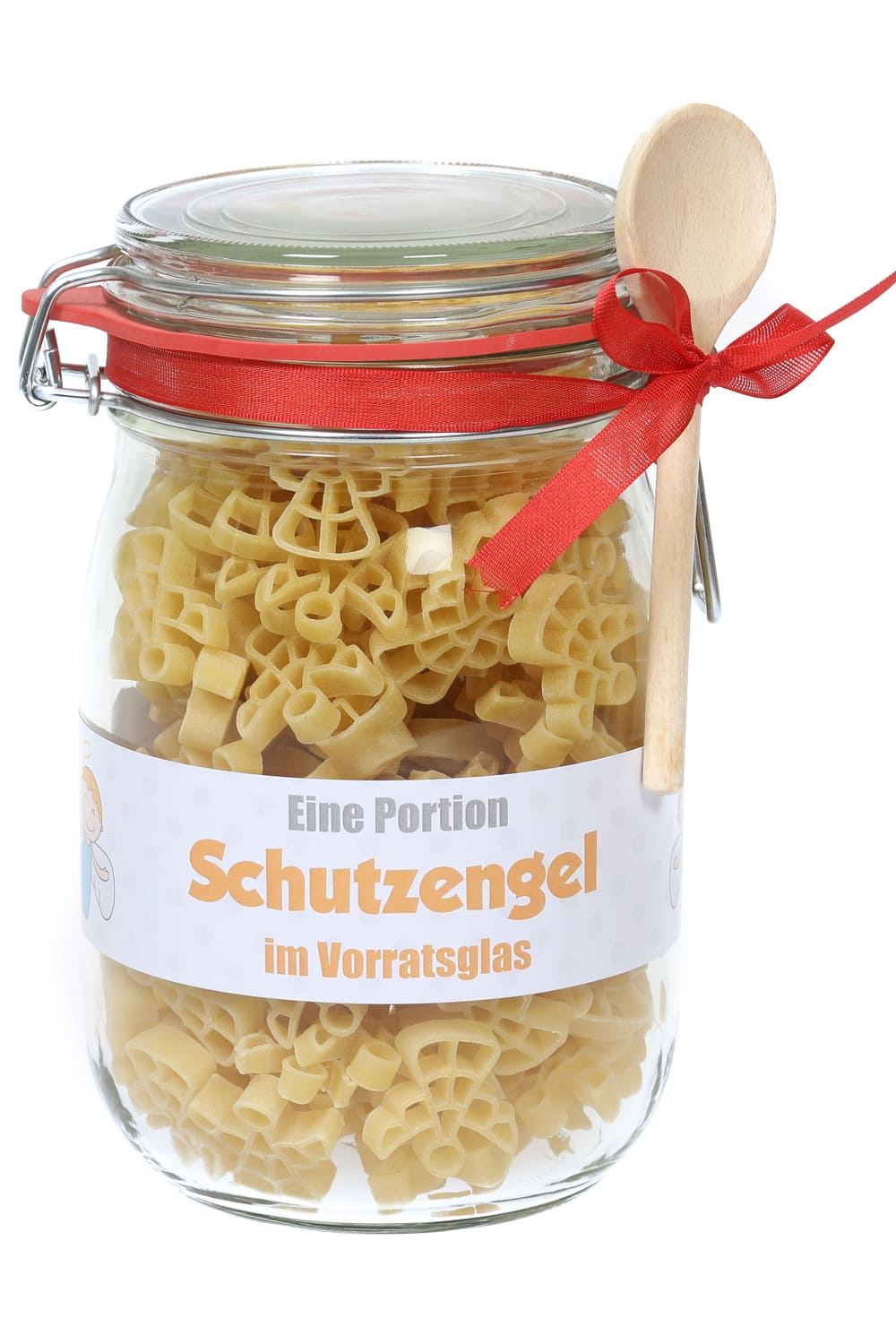 Die Pasta sind in Form eines Engels. Das Geschenkglas mit der Spruch Etikette: Eine Portion Schutzengel im Vorratsglas.