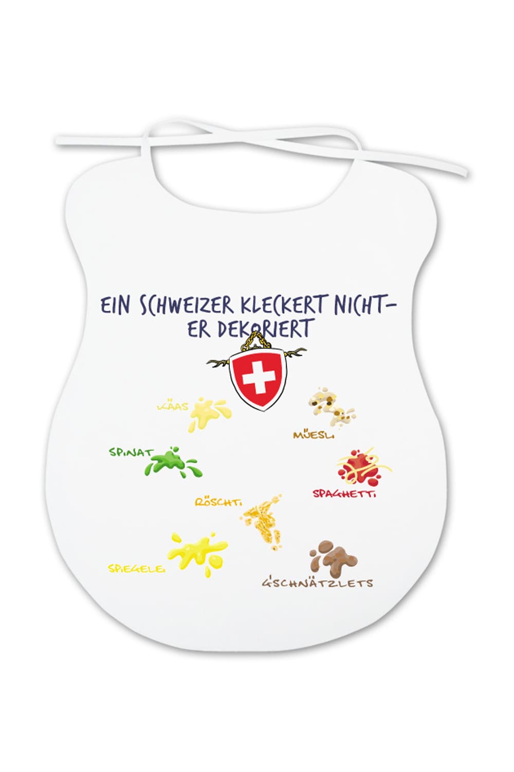 Dieser Schweiz Latz ist ein lustiges Geschenk fuer Erwachsene! Auf dem Spaghettilatz steht der Spruch: Ein Schweizer kleckert nicht, er dekoriert.
