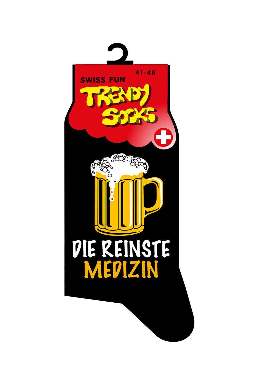 Spasssocken mit der Aufschrift: Die reinste Medizin. Zusaetzlich ist auf den Socken ein Bier abgebildet. Diese witzigen Spruchsocken sind einfach ein grossartiges Geschenk für alle, die Spass lieben sowie für alle Bierliebhaber.