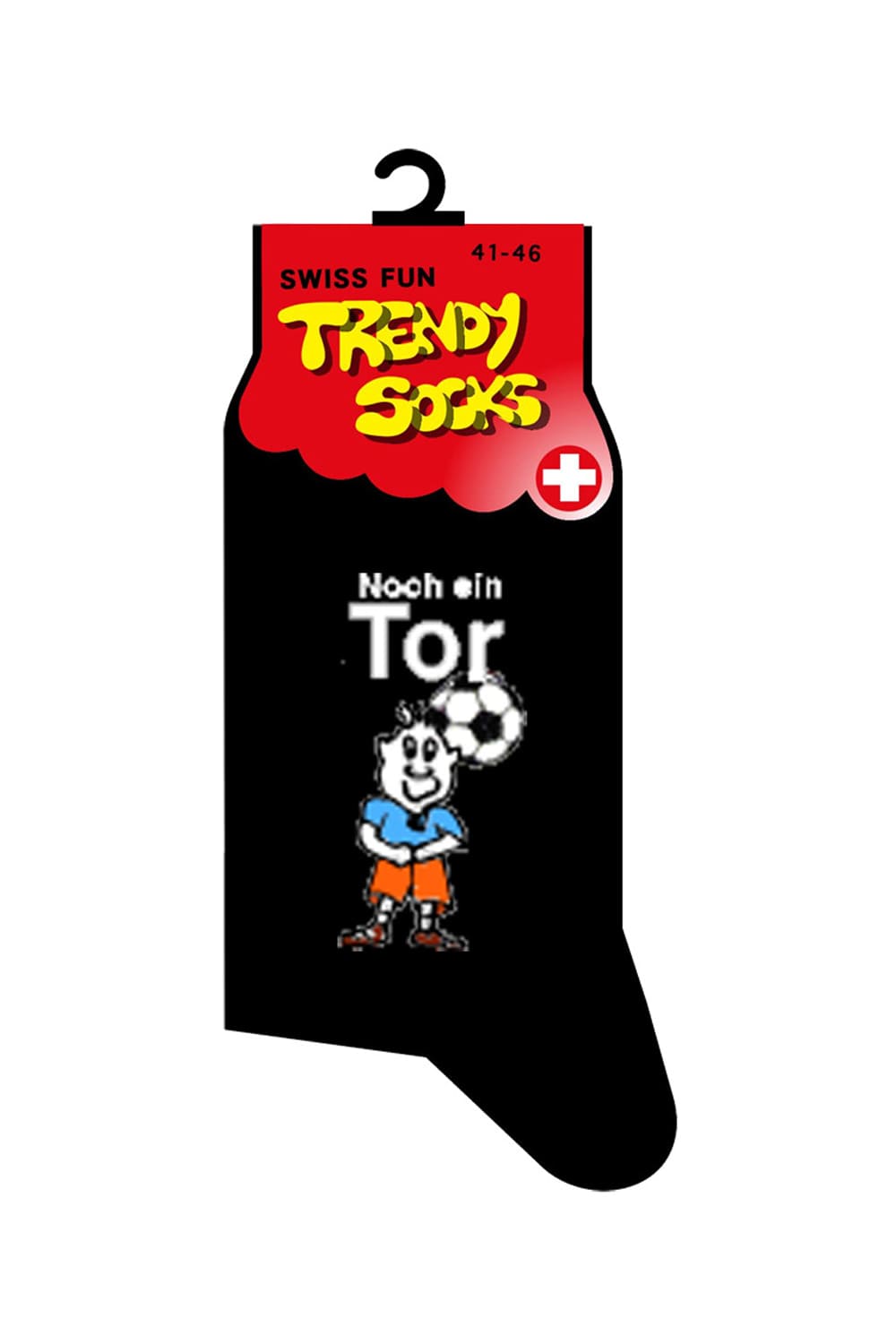 Fussball Spasssocken mit dem Spruch: Noch ein Tor. Zusaetzlich ist auf den Socken ein Fussballspieler abgebildet. Diese witzigen Socken sind einfach ein grossartiges Geschenk fuer alle, die Spass lieben und verstehen. Die Socken sind perfekt als Glueckssocken fuer ein bevorstehendes Fussballtunier.