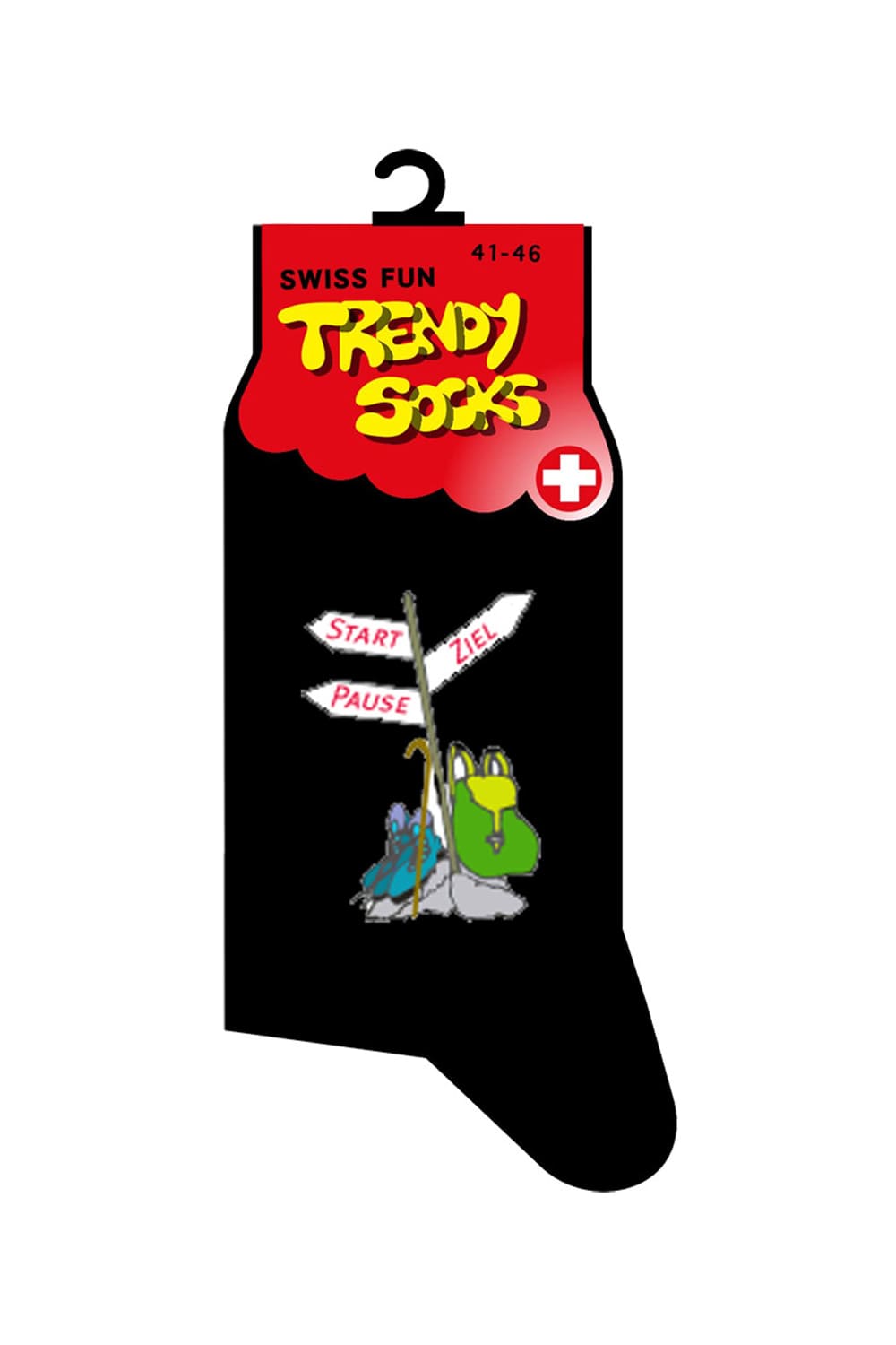 Auf den witzigen Socken hat es eine Abbildung mit einem Wanderwegweiser, der mit Start, Pause und Ziel gekennzeichnet ist. Die Spasssocken zum Wandern sind einfach ein grossartiges Geschenk für alle, die Spass lieben und verstehen. Ein perfektes Wandergeschenk. Powersocken mit auf den Weg gegeben.