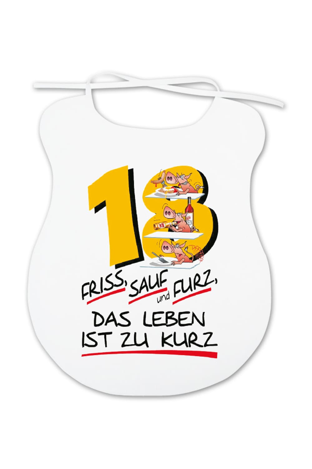 Dieser Esslatz ist ein lustiges Geschenk fuer Erwachsene. Auf dem Spaghettilatz ist ein witziges Motiv aufgedruckt sowie die Zahl 18 und der Spruch: Friss Sauf und Furz das Leben ist zu kurz. Der Latz fuer Erwachsene ist ein witziges Geschenk zum 18. Geburtstag.