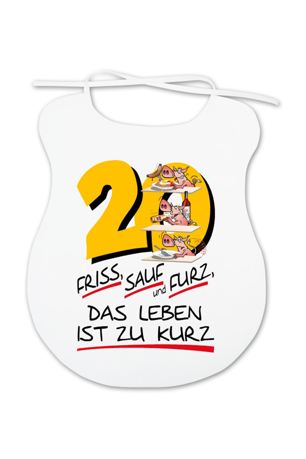 Dieser Esslatz ist ein lustiges Geschenk fuer Erwachsene, die mehr oder weniger beim Essen kleckern und Humor lieben. Auf dem Spaghettilatz ist ein witziges Motiv sowie die Zahl 20 und der Spruch: Friss Sauf und Furz das Leben ist zu kurz. Der Latz fuer Erwachsene ist ein witziges Geschenk zum 20. Geburtstag.