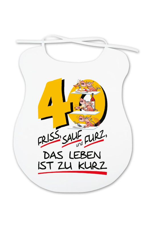 Dieser Esslatz ist ein lustiges Geschenk fuer Erwachsene, die mehr oder weniger beim Essen kleckern und Humor lieben. Auf dem Spaghettilatz ist ein witziges Schwein Motiv aufgedruckt sowie die Zahl 40 und der Spruch: Friss Sauf und Furz das Leben ist zu kurz. Der Latz ist ein witziges Geschenk zum 40. Geburtstag.