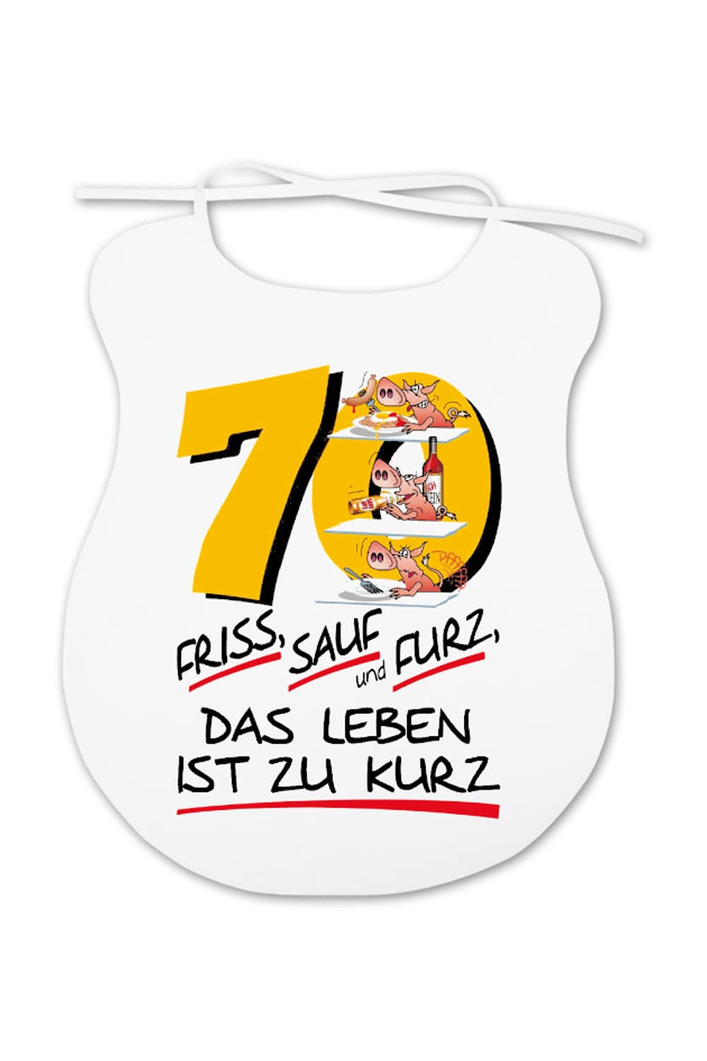 Dieser Esslatz ist ein lustiges Geschenk fuer Erwachsene, die mehr oder weniger beim Essen kleckern und Humor lieben. Auf dem Spaghettilatz ist ein witziges Motiv aufgedruckt sowie die Zahl 70 und der Spruch: Friss Sauf und Furz das Leben ist zu kurz. Der Latz fuer Erwachsene ist ein witziges Geschenk zum 70. Geburtstag.