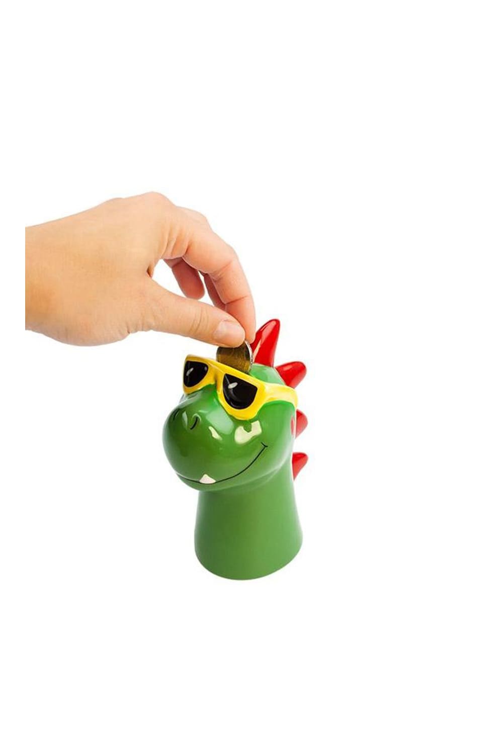 Gruener Dino als Sparkaesseli fuer alle Dino-Fans und Kinder. Dinosaurier mit Sonnenbrille.