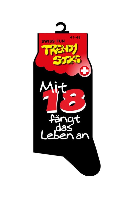 Spasssocken mit dem Spruch: Mit 18 faengt das Leben an. Diese witzigen Spruchsocken sind einfach ein grossartiges Geschenk fuer alle Menschen die eine grosse Portion Humor haben. Die Socken sind in einer Einheitsgroesse (41 – 46) und fuer Maenner sowie fuer Frauen geeignet.