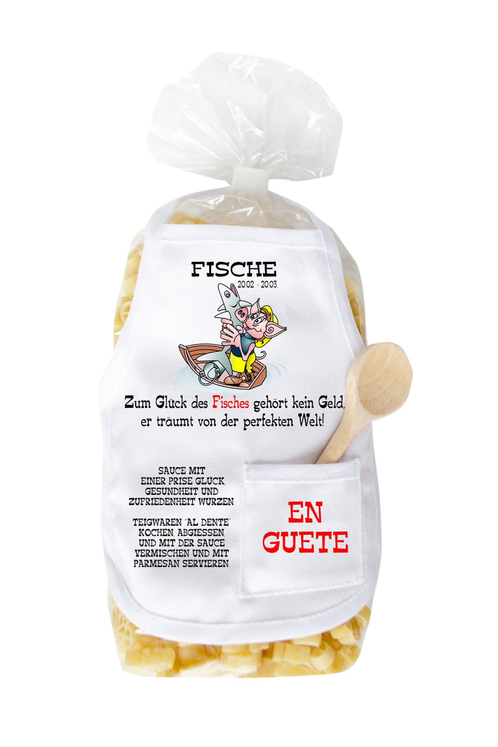 Die Fisch Sternzeichen Pasta sind in Schweinchen Form. Mit dem Spruch: Fische 20.02-20.03. Zum Glueck des Fisches gehoert kein Geld, er traeumt von der perfekten Welt.