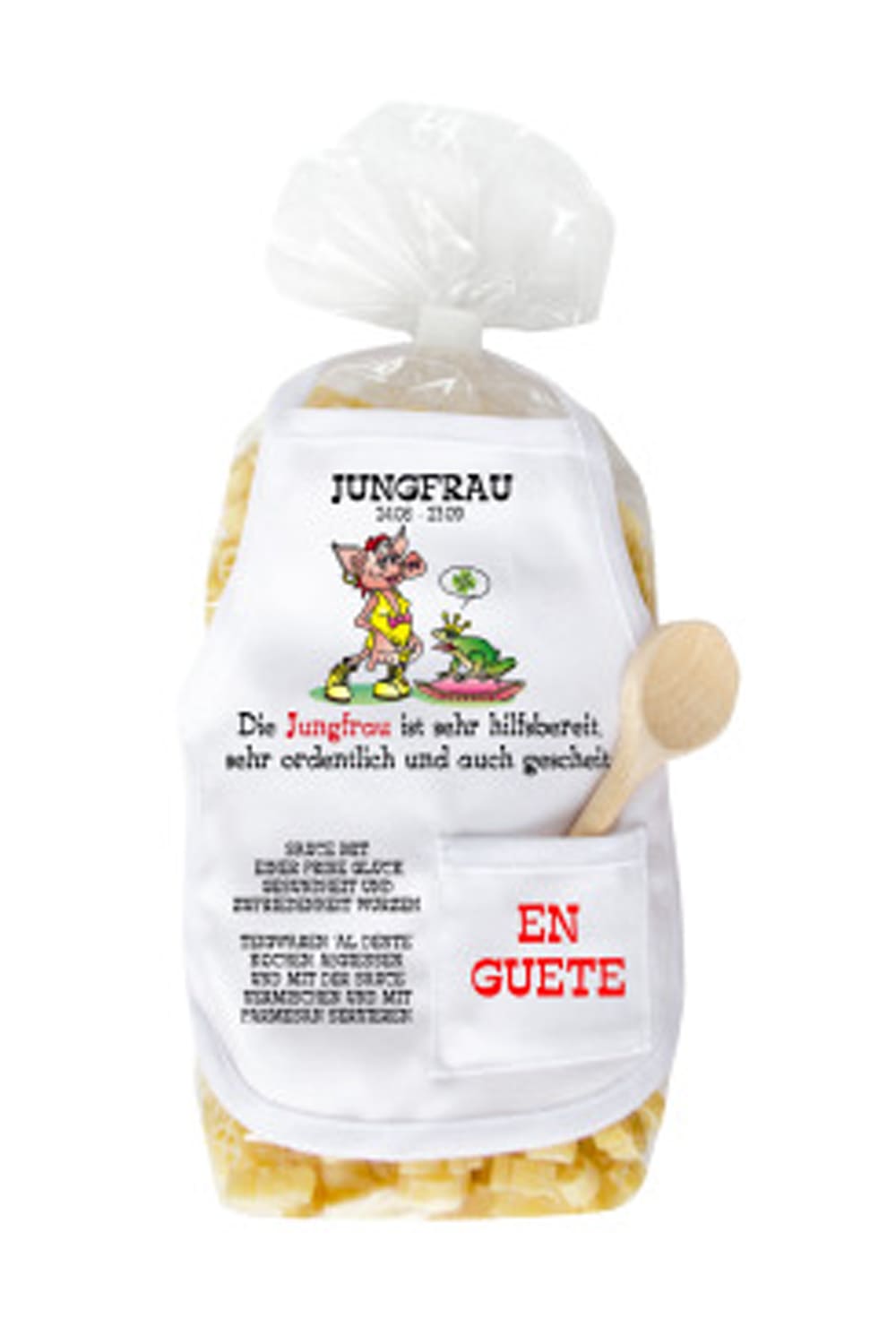 Die Sternzeichen Pasta sind in Schweinchen Form. Mit dem Spruch: Jungfrau 24.08-23.09. Die Jungfrau ist sehr hilfsbereit, sehr ordentlich und auch gescheit!