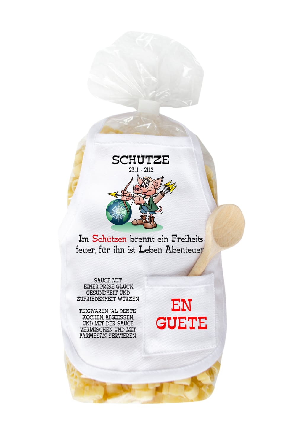 Die Sternzeichen Pasta sind in Schweinchen Form. Mit dem Spruch: Schuetze 23.11-21.12. Im Schuetzen brennt ein Freiheitsfeuer, fuer Ihn ist Leben Abenteuer.
