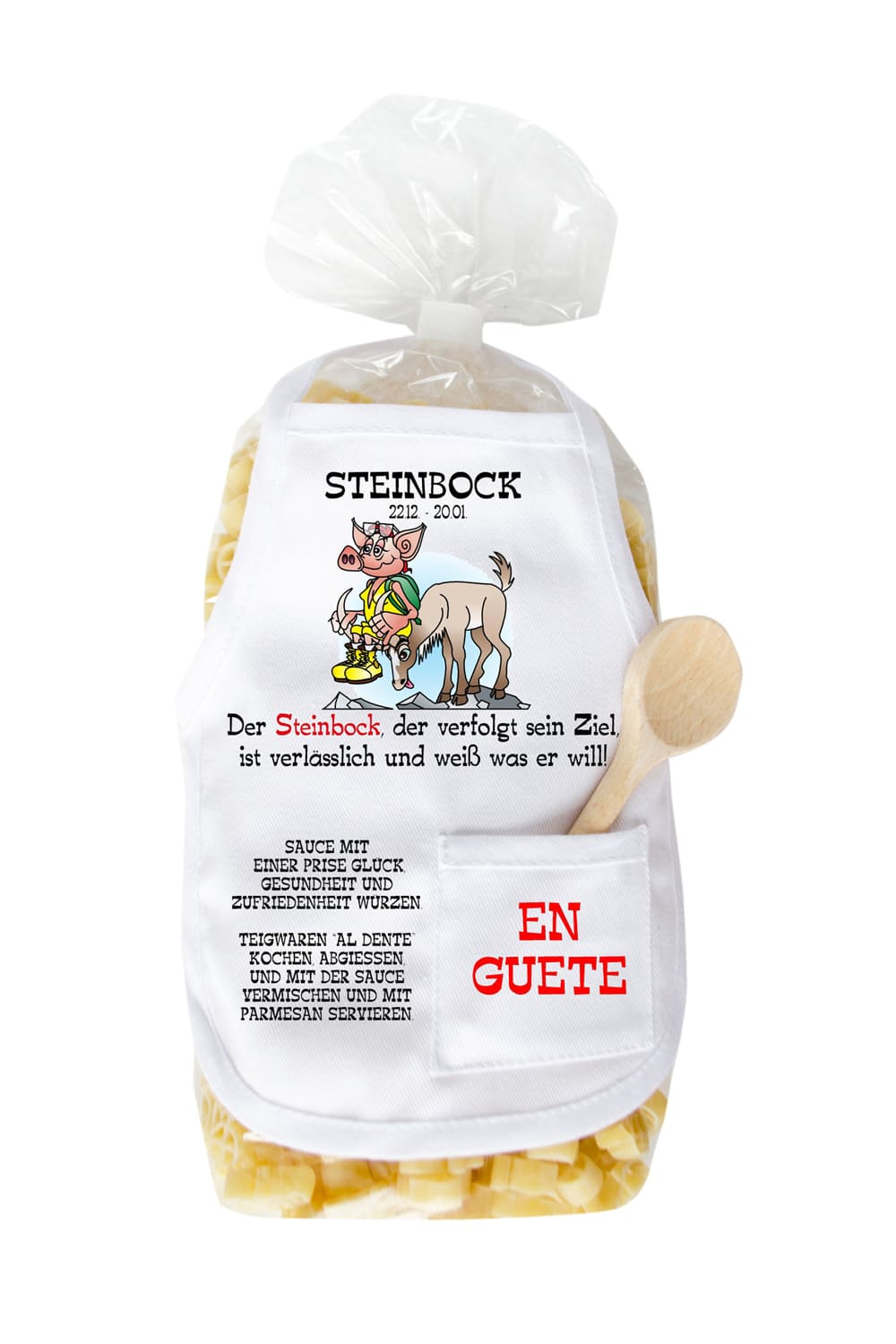 Die Sternzeichen Pasta sind in Schweinchen Form. Mit dem Spruch: Steinbock 22.12-20.01. Der Steinbock der verfolgt sein Ziel, ist verlaesslich und weiss was er will.