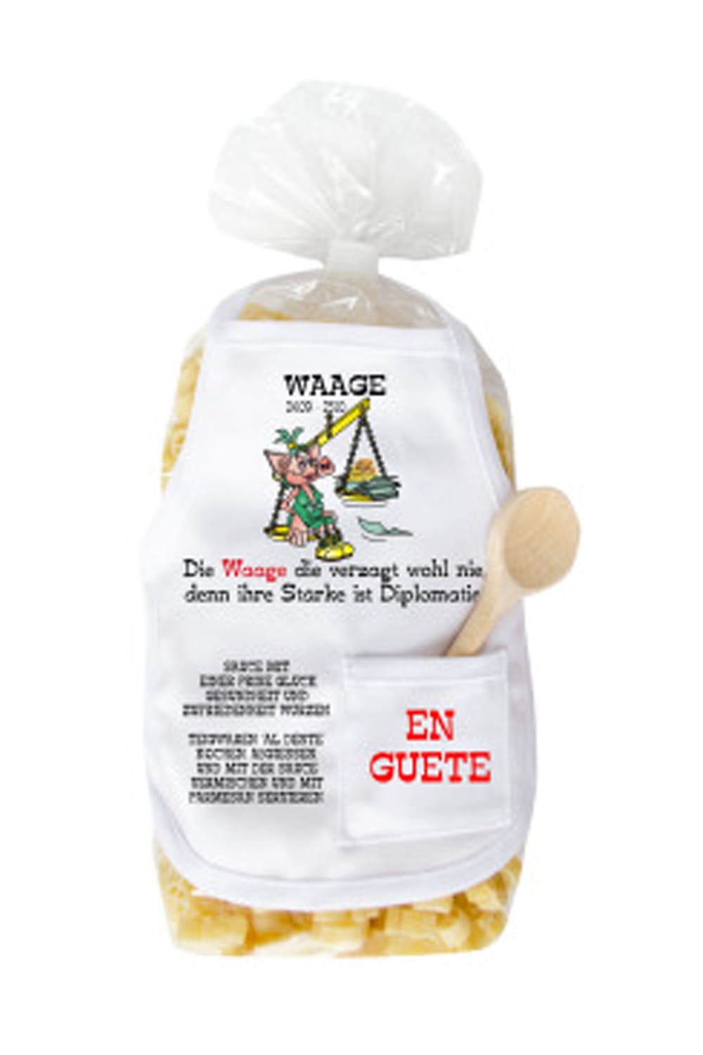 Die Sternzeichen Pasta sind in Schweinchen Form. Mit dem Spruch: Waage 24.09-23.10. Die Waage die verzagt wohl nie, denn ihre Staerke ist Diplomatie.