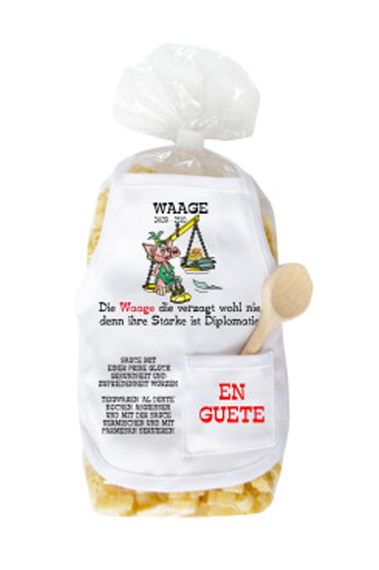 Die Sternzeichen Pasta sind in Schweinchen Form. Mit dem Spruch: Waage 24.09-23.10. Die Waage die verzagt wohl nie, denn ihre Staerke ist Diplomatie.