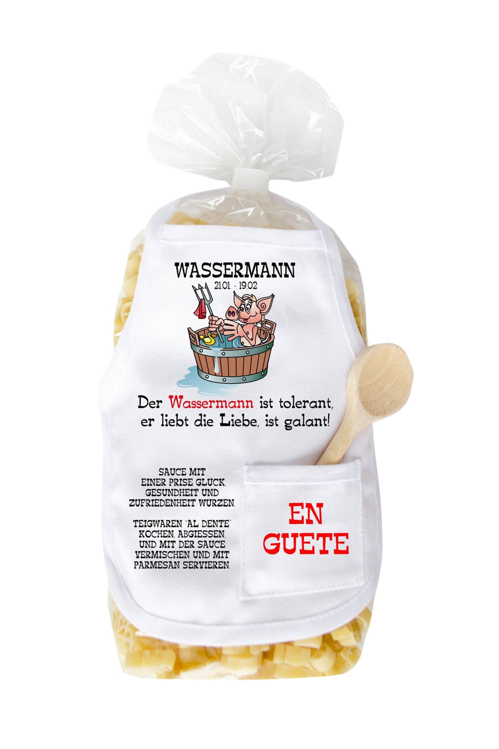 Die Sternzeichen Pasta sind in Schweinchen Form. Mit dem Spruch: Wassermann 21.01-19.02. Der Wassermann ist tolerant, er liebt die Liebe, ist galant.