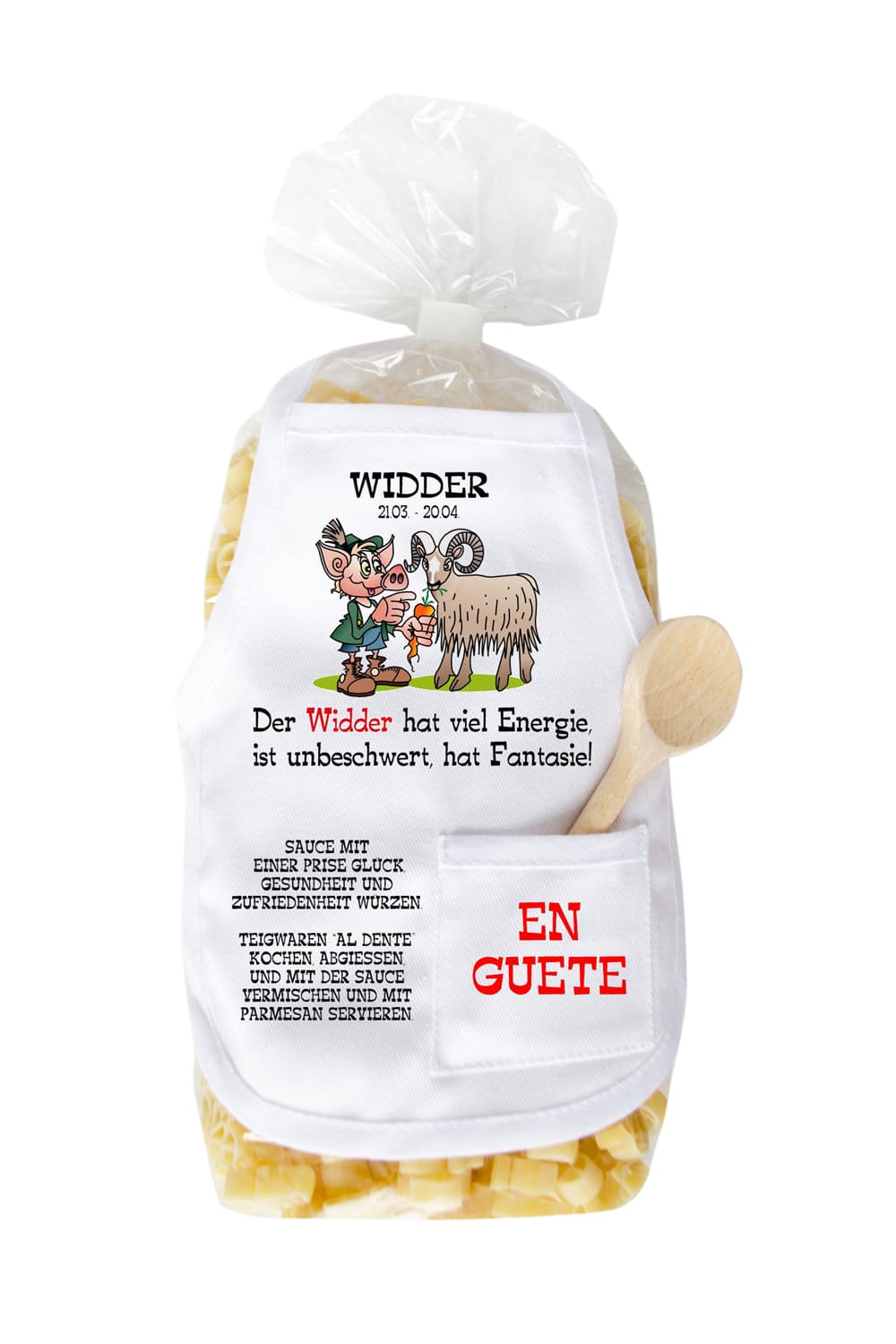 Die Sternzeichen Pasta sind in Schweinchen Form. Mit dem Spruch: Widder 21.03-20.04. Der Widder hat viel Energie, ist unbeschwert, hat Fantasie!