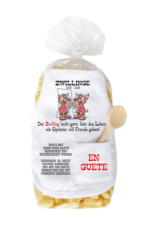 Die Sternzeichen Pasta sind in Schweinchen Form. Mit dem Spruch: Zwillinge 21.05-21.06. Der Zwilling lacht gern, liebt das Leben, ein Optimist, will Freude geben!