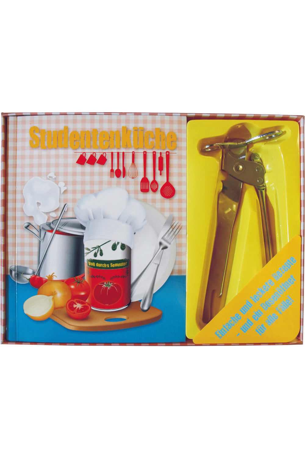 Studentenkueche Geschenk. Kochbuch fuer alle Studenten mit Dosenoeffner. Einfache und leckere Rezpte und ein Dosenoeffner fuer alle Faelle.