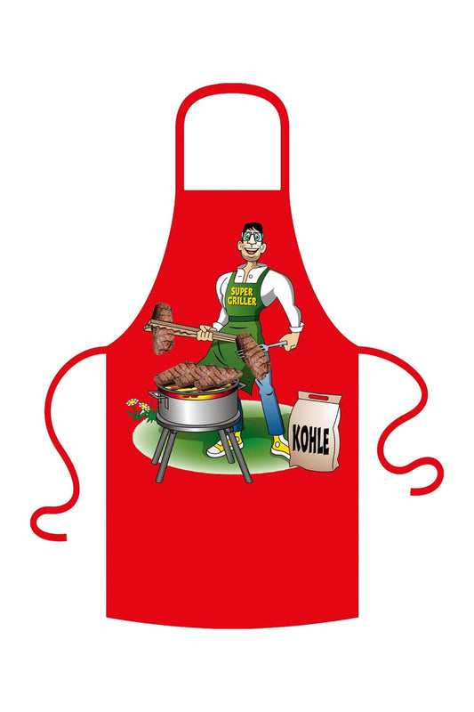 Eine trendige Fun Grillschuerze mit witziger Abbildung. Mit Dieser Supergriller Schuerze macht das Grillen noch viel mehr Spass. Natuerlich kann diese Schuerze auch als Kochschuerze verwendet werden. Die Textilfarbe ist rot.